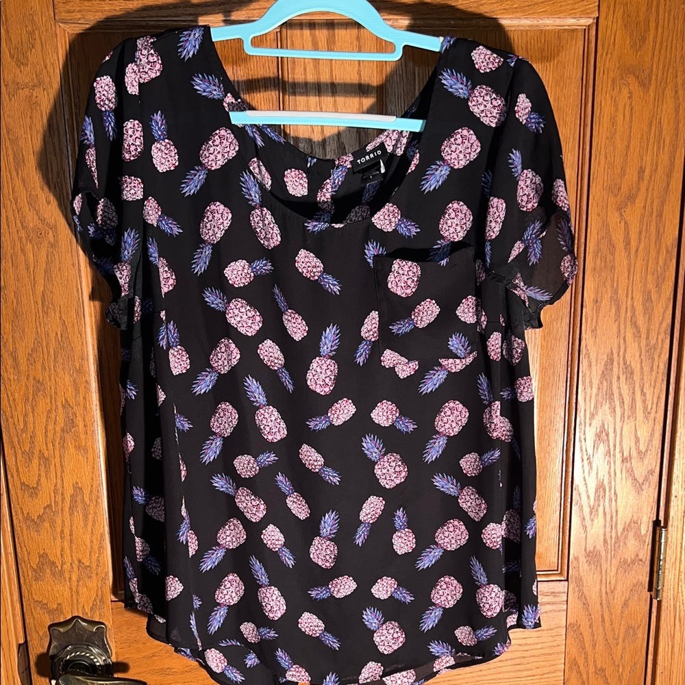 Torrid Black Top with Purple Pineapple Print